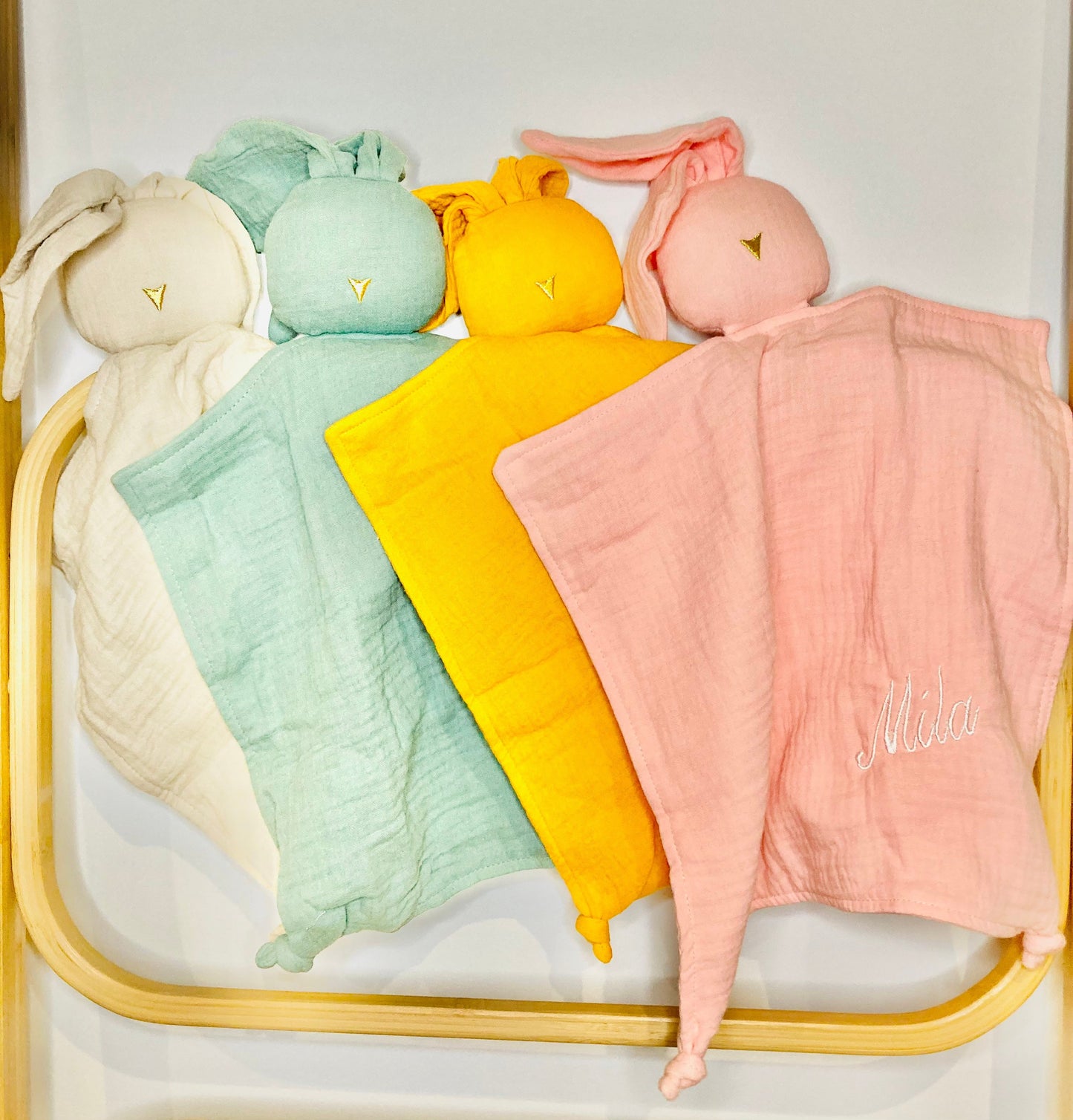 Personalised organic bunny baby comforter, embroidered with Baby's name.