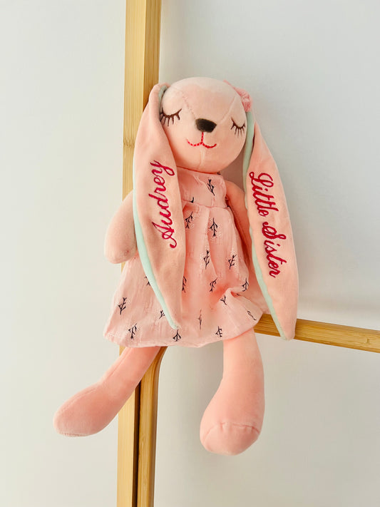 Pink plush bunny resting on a rack. The bunny has Little Sister embroidered on one ear and baby name Audrey on the other ear, both in pink thread. 